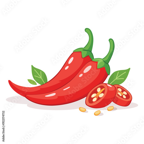 Red Chili Peppers with Slices – Fresh Spicy Ingredient Vector Illustration