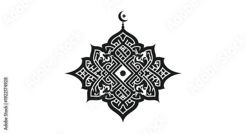 An intricate black and white geometric design featuring islamic motifs including a crescent moon and star high quality