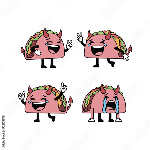 Cartoon tacos with different emotions and gestures, colorful and playful