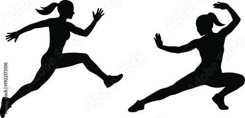 Female fitness silhouette set, running and jumping woman, athletic training, workout exercise, sports activity vector isolated illustration