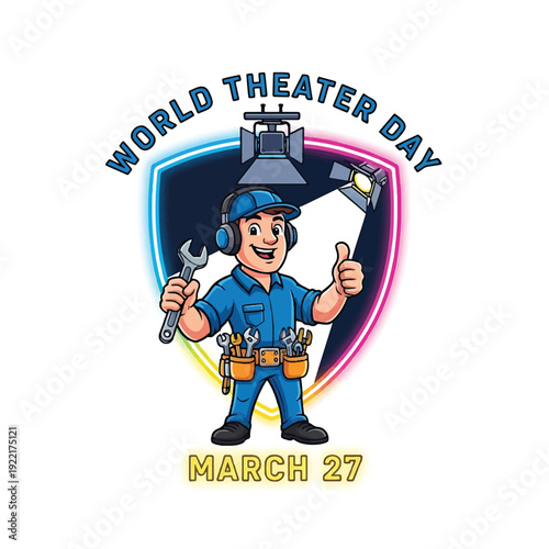 World Theater Day Celebrates Technician Character with Tools and Stage Lights