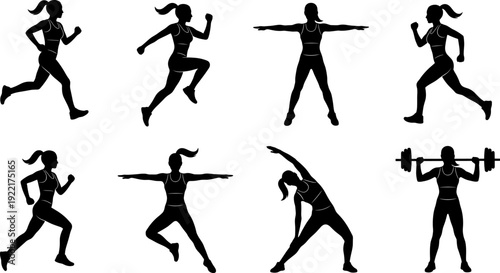 Female fitness silhouette set, woman running, jumping, stretching and weightlifting, athletic workout vector isolated on white background illustration