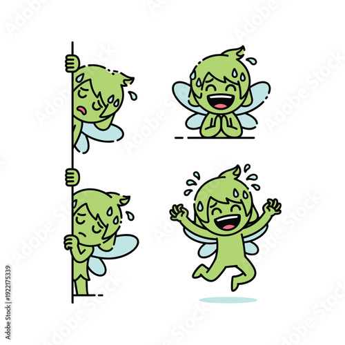 Cartoon green creature exercising and sweating happily with copy space