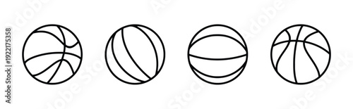 Four line art basketball icons set isolated on white background
