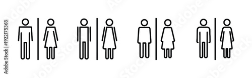 Four male and female restroom icons representing gender facilities, signs for men and women, black outline