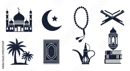 A collection of islamic symbols and motifs including a mosque crescent moon and prayer beads high quality professional