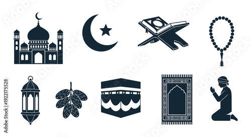 An illustrative collection depicts islamic symbols including a mosque crescent moon quran prayer beads and kaaba high quality
