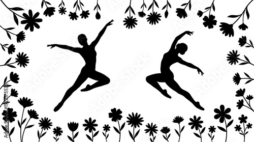 Ballet dancer silhouettes with floral frame, graceful dance pose flowers border, black silhouette illustration set design