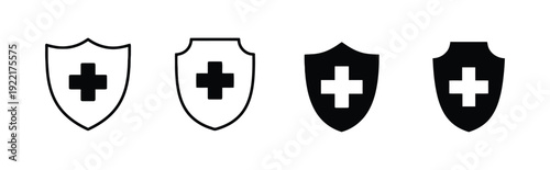 Four shield icons with plus symbol, outline and filled versions for health and safety