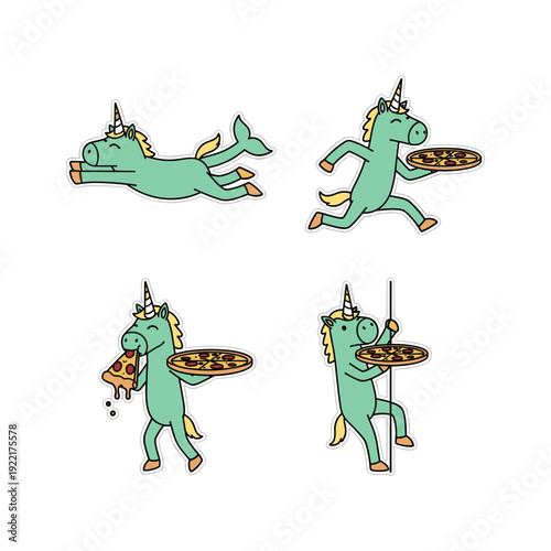 Cartoon unicorn enjoying pizza in different poses with humor and playfulness