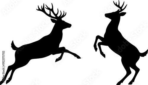 Deer silhouettes collection, jumping rearing stag poses, black deer silhouette isolated illustration set for wildlife design use