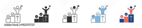 Illustrative icons showing a person celebrating victory on a podium, symbolizing business success, financial growth, and strategic goal achievement through continuous progress