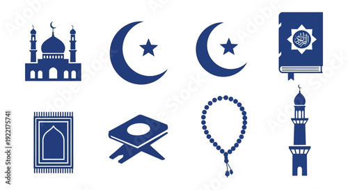 A collection of islamic symbols including a mosque crescent moons quran prayer rug and tasbih high quality professional