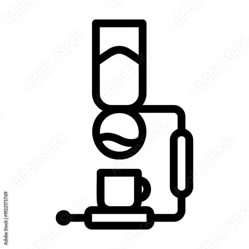 A sleek and minimalist line art icon illustrating a coffee maker machine dispensing a hot beverage into a cup, ideal for web and app design.