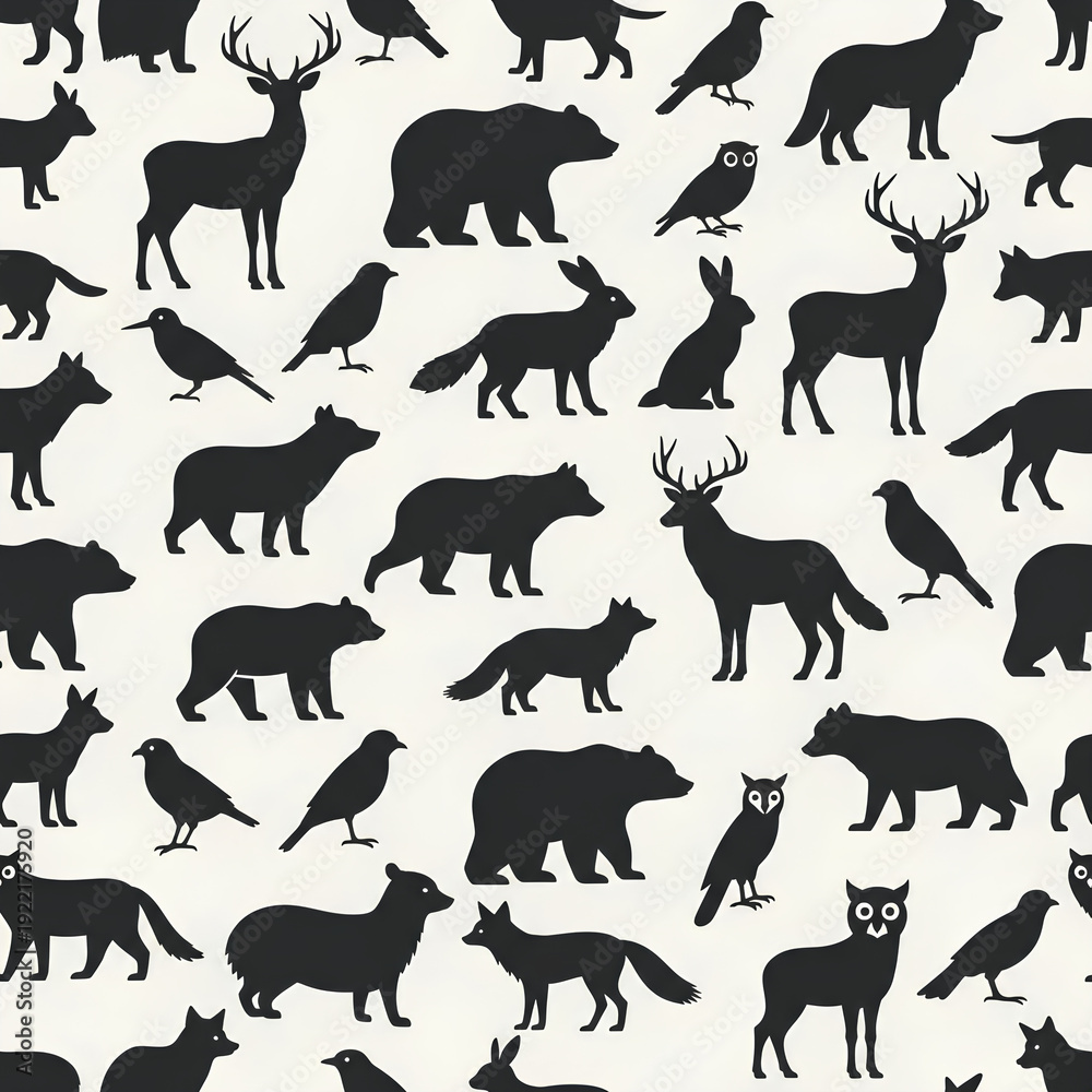 Obraz premium Seamless Pattern of Diverse Wildlife Silhouettes on a Textured Background 1.