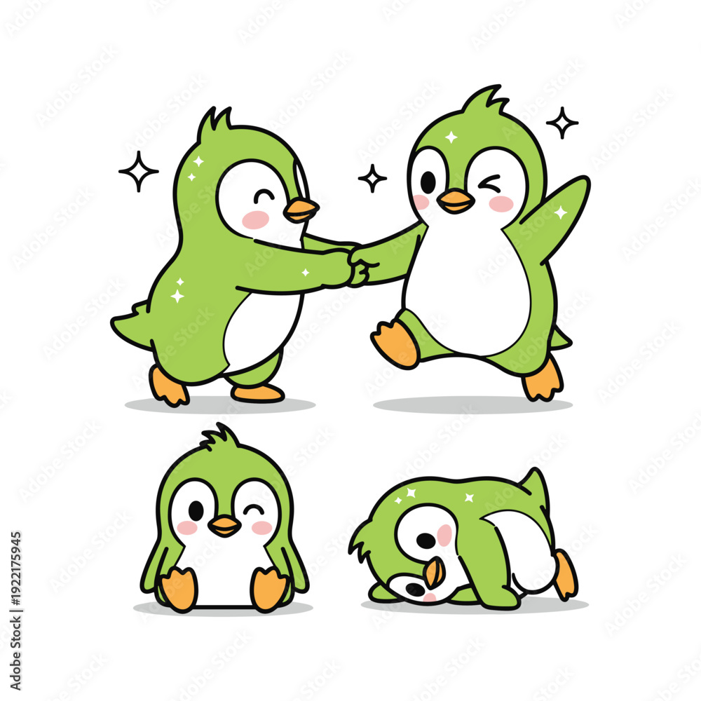 Fototapeta premium Cute cartoon penguins showing affection and happiness on white background