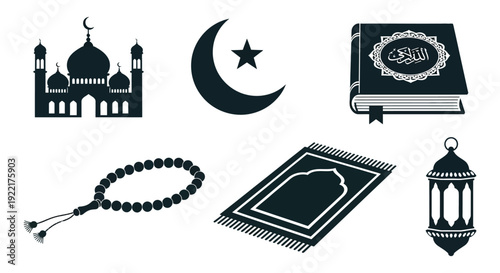 A collection of islamic symbols including a mosque crescent moon quran prayer rug and tasbih high quality professional