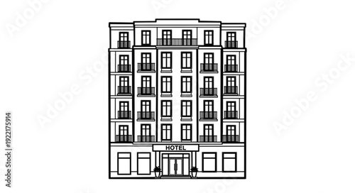 Elegant hotel building facade with multiple windows and balconies.