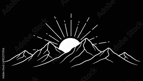 High-quality line art of mountain range with rising sun, serene landscape scene