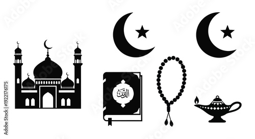 A collection of black silhouettes depicting islamic religious symbols including a mosque crescent moons and a quran
