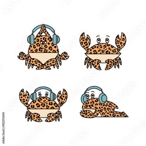 Cheetah crabs wearing headphones in various poses on white background