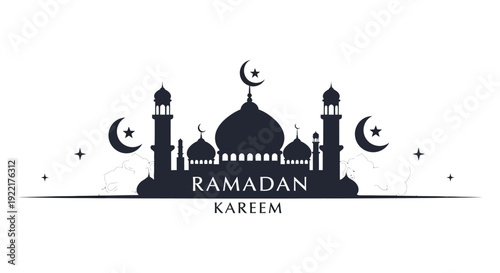 A striking silhouette showcases a mosque with crescent moons and stars celebrating the islamic holy month of ramadan kareem