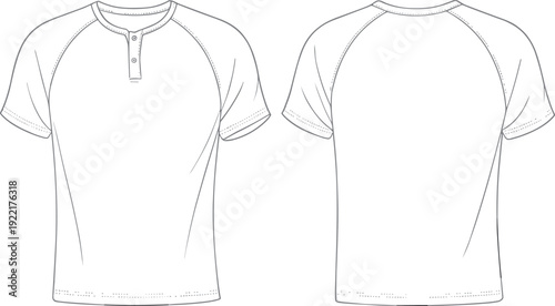 CAD Drawing Flat Vector Illustration, Henley T-Shirt Design, Fashion Sketch, Front and Back View, Garment Template, Apparel Art, Sewing Pattern