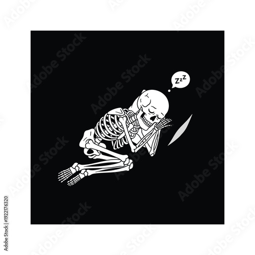Skeleton contemplating physics formula on black background with copy space