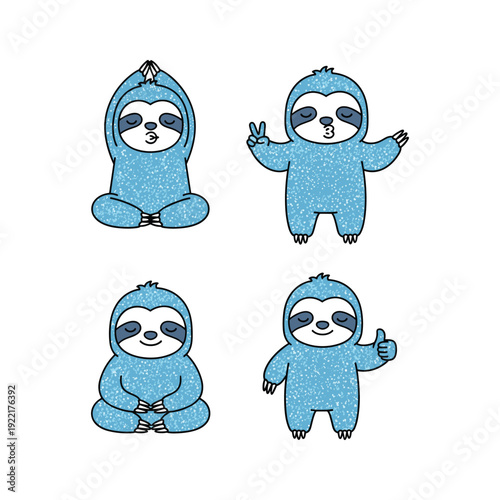 Cute cartoon sloth characters in different poses on white background