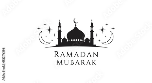 A minimalist graphic depicts a black silhouette of a mosque crescent moons and stars with the text ramadan mubarak
