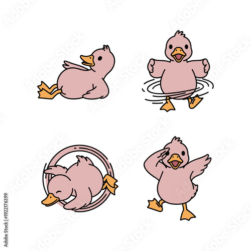 Cartoon duck illustrations in various poses on white background with copy space