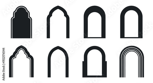 A collection of four distinct black and white arched window or doorway shapes displayed in a grid