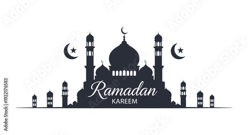 A stylized black silhouette depicts a mosque and crescent moons with the word ramadan kareem inscribed below