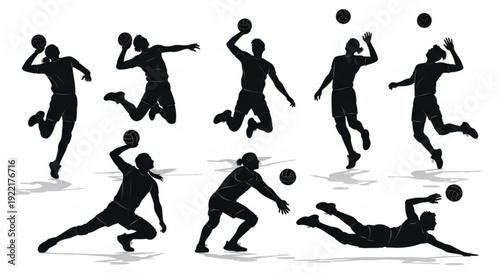 Silhouettes of soccer players in various dynamic poses kicking and jumping for ball black on white background
