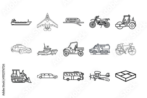 Professional Industrial and Emergency Vehicle Line Art Icon Collection Showcasing Marine Vessels Construction Machinery and Specialized Aircraft Designs for Industrial and Public Service Themes