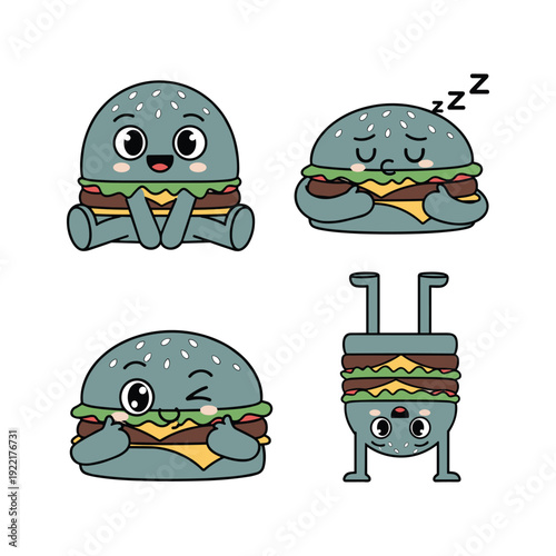Cartoon burger characters showing different emotions and actions with cute expressions