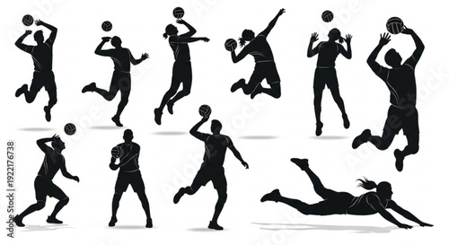 Dynamic silhouettes of people playing basketball in various actions