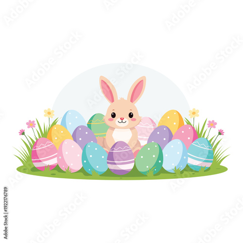 A cute, fluffy bunny peeking from behind a pile of colorful, decorated Easter eggs amidst green grass and small flowers, creating a festive and whimsical spring scene