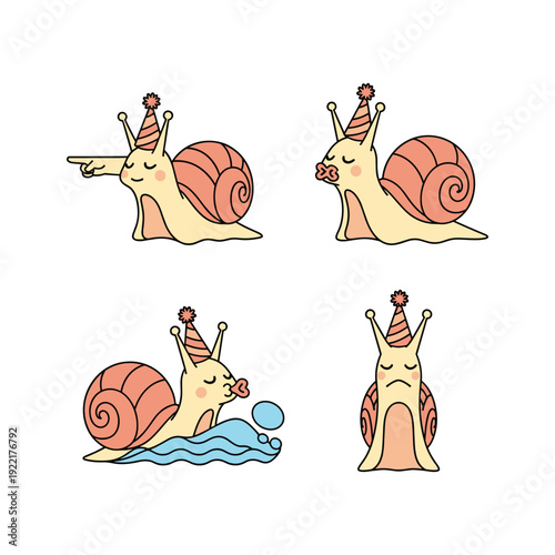 Cartoon snails with crowns in different poses on white background