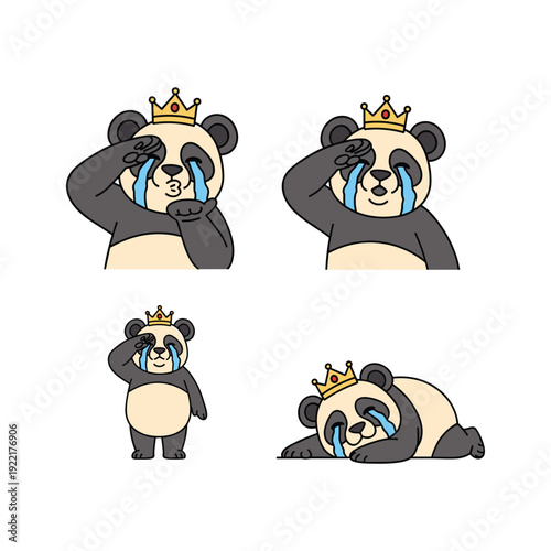 Crying panda bear with crown in various emotional states with copy space