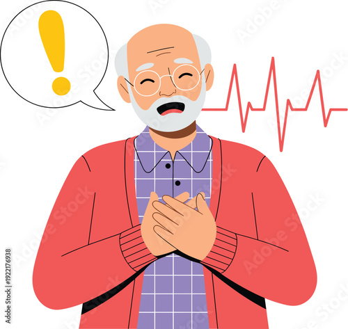 Elderly Man Clutching Chest with EKG Heart Rate Line and Sign, Concept  Heart Attack Symptoms, Cardiovascular Health Awareness, Geriatric Medical Emergency, and Cardiac Distress Vector Illustration