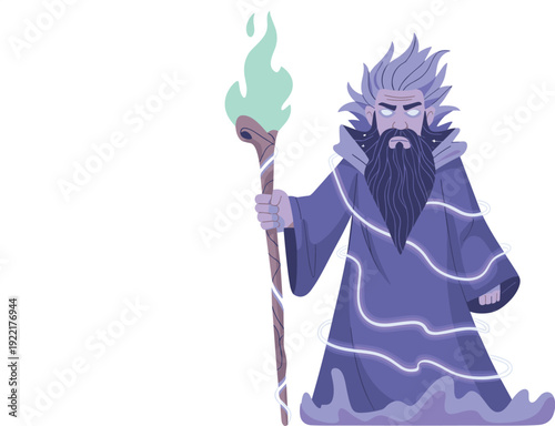 Elder Wizard with Glowing Eyes and Magic Staff on a White Background, Concept of Arcane Mastery, Mystical Energy, Elemental Sorcery, and Heroic Fantasy Character Vector Illustration
