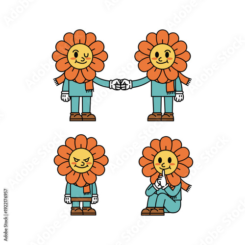 Cartoon flowers with human-like emotions and actions in a minimalist style