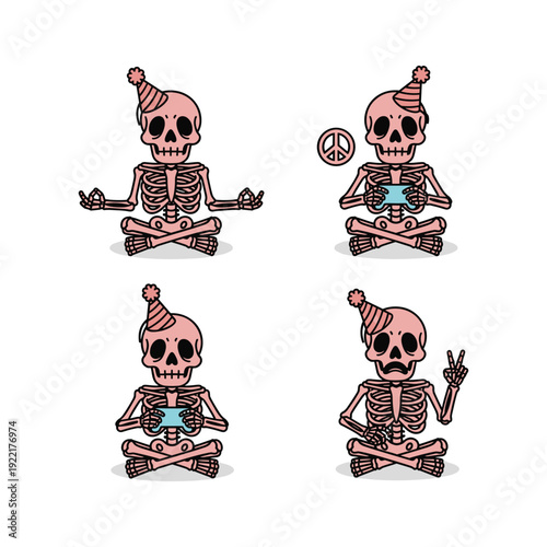 Skeleton characters meditating in lotus position with peace signs and rock on gesture