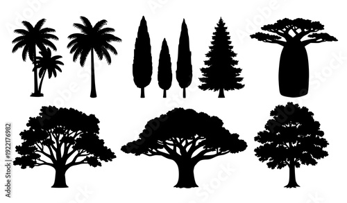 Black Tree Silhouettes Vector Pack – Palm, Pine, Cypress, Baobab Collection