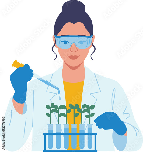 Female Scientist Conducting Plant Biotechnology Research with Pipette and Test of Laboratory Science, Botanical Innovation, STEM Education, and Agricultural Development Vector Illustration