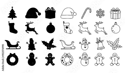 Christmas Icon Set – Silhouette and Outline Vector Collection Isolated