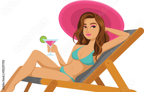 Glamorous Woman in Bikini and Sun Hat Relaxing on a Lounge Chair with a Cocktail, Vacation, Tropical Resort Leisure, Travel Lifestyle, and Seasonal Relaxation Vector Illustration