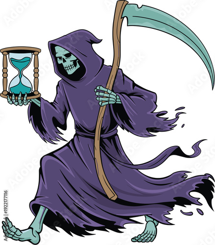 Grim Reaper with Scythe and Hourglass on a White Background, Concept of Mortality, Inevitable Passage of Time, Dark Fantasy Personification of Death, and Macabre Character Vector Illustration