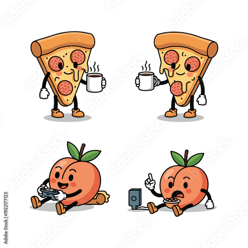 Cartoon food characters with coffee and gadgets in a minimalist style